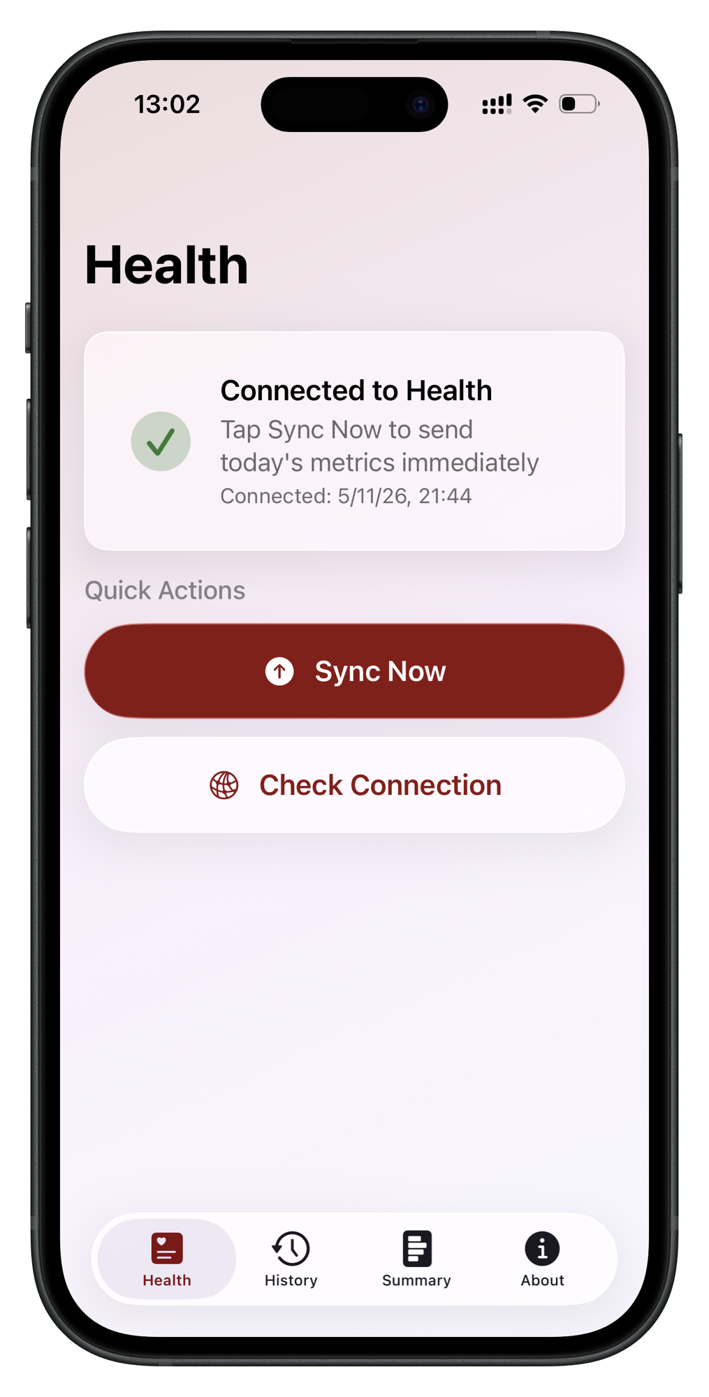 StudySync Health app — Connected to Health
